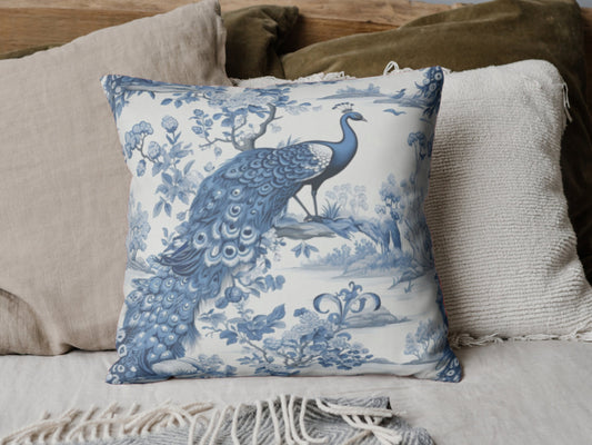 Custom Throw Pillow, French Toile Blue Peacock