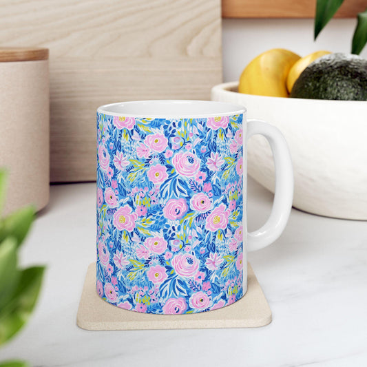 Coffee Mug, Blue and Pink Floral