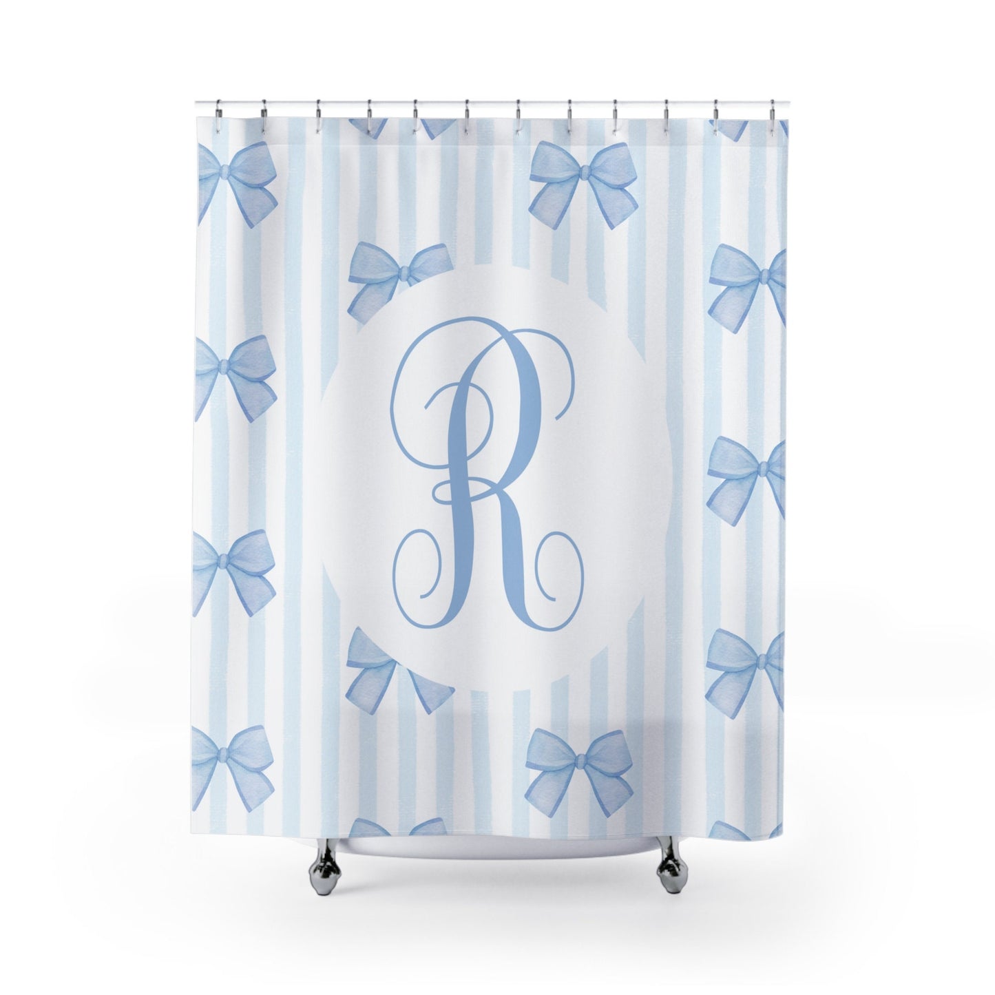 Custom Shower Curtain, Blue Bows Monogram