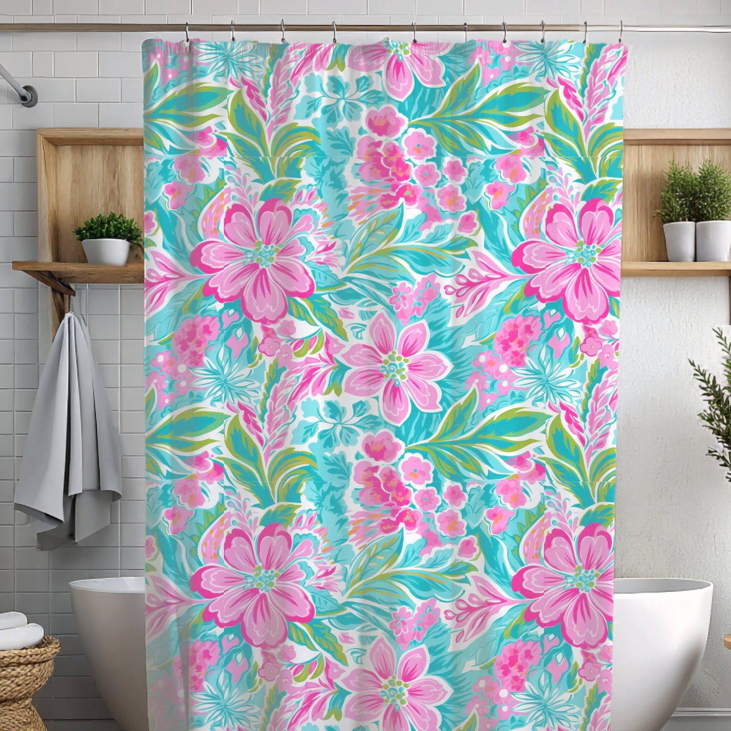 Custom Shower Curtain, Coastal Tropical Hibiscus