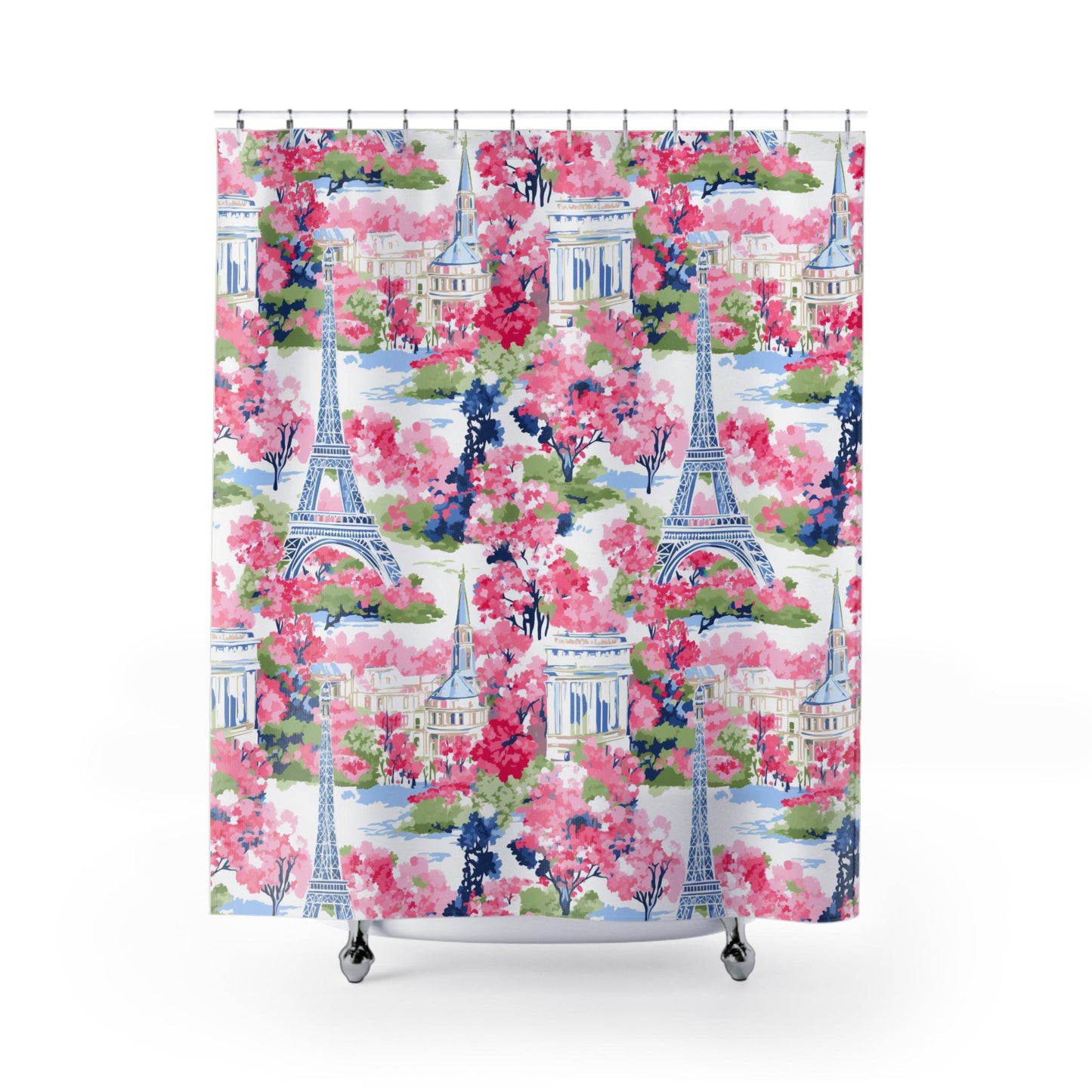 Custom Shower Curtain, Pink Florals Eiffel Tower