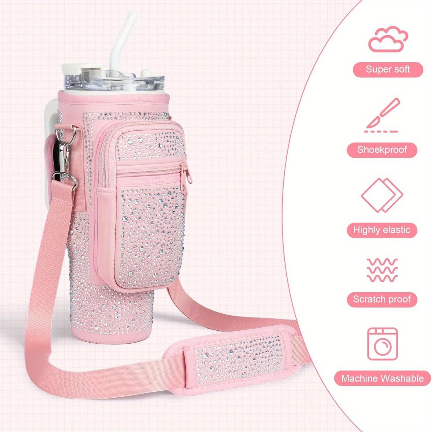 Neoprene Water Bottle Carrier with Card Holder, Adjustable Strap, Key Hook for Stanley 40/30 oz Tumbler - Sparkling Diamond Design Bottle Pouch with Phone Pocket - Versatile Drink Holder Accessory
