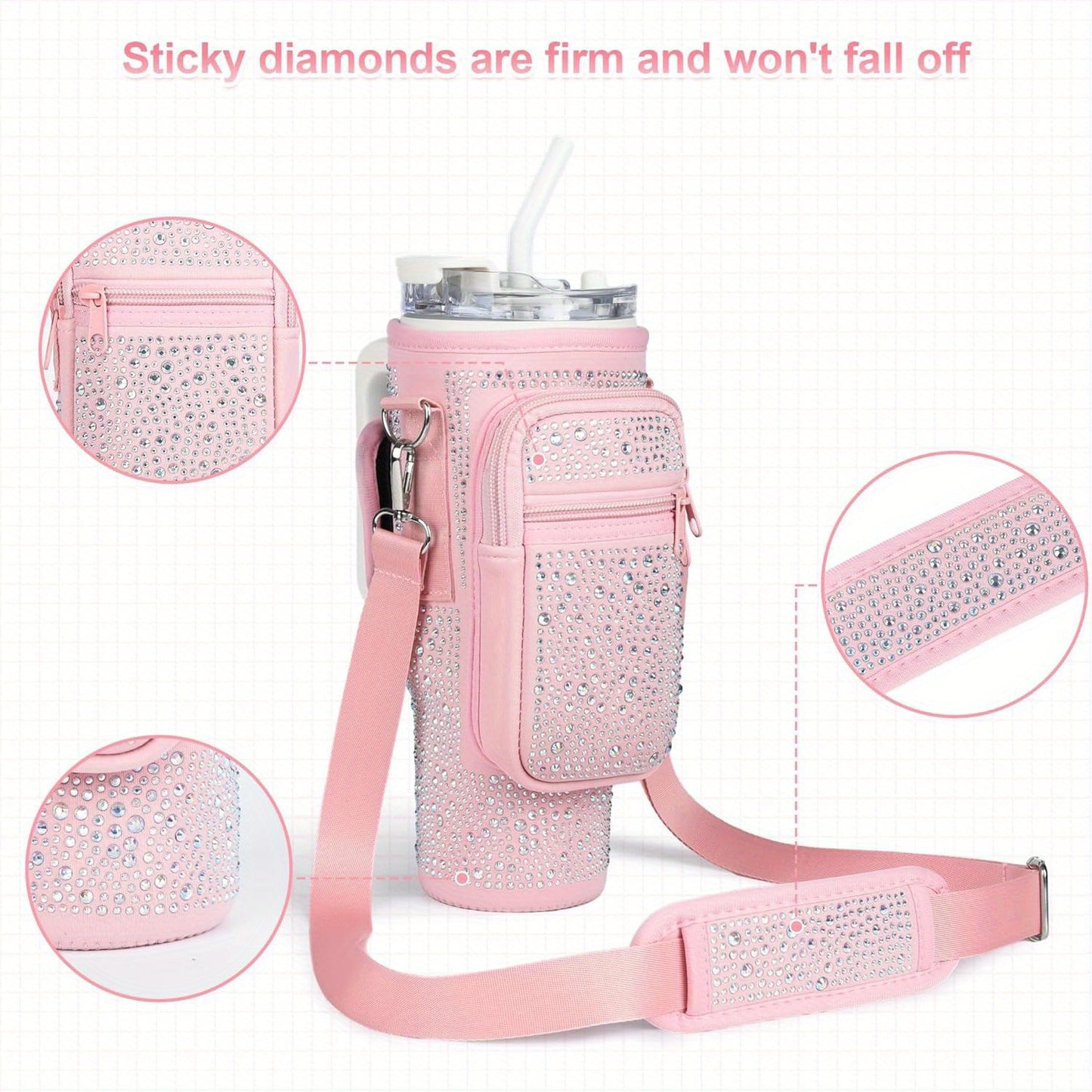 Neoprene Water Bottle Carrier with Card Holder, Adjustable Strap, Key Hook for Stanley 40/30 oz Tumbler - Sparkling Diamond Design Bottle Pouch with Phone Pocket - Versatile Drink Holder Accessory