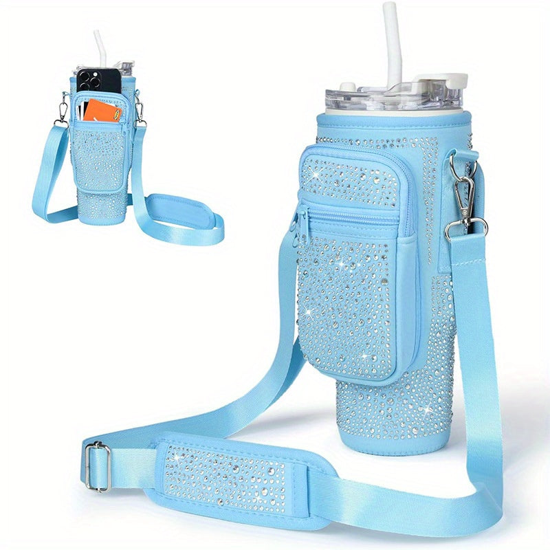 Neoprene Water Bottle Carrier with Card Holder, Adjustable Strap, Key Hook for Stanley 40/30 oz Tumbler - Sparkling Diamond Design Bottle Pouch with Phone Pocket - Versatile Drink Holder Accessory