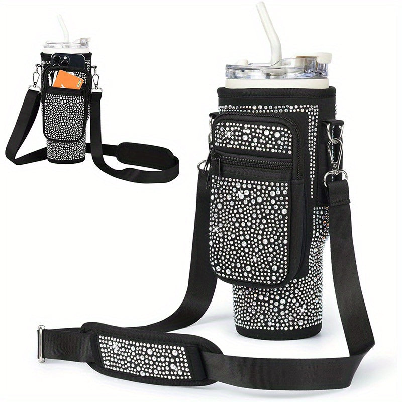 Neoprene Water Bottle Carrier with Card Holder, Adjustable Strap, Key Hook for Stanley 40/30 oz Tumbler - Sparkling Diamond Design Bottle Pouch with Phone Pocket - Versatile Drink Holder Accessory