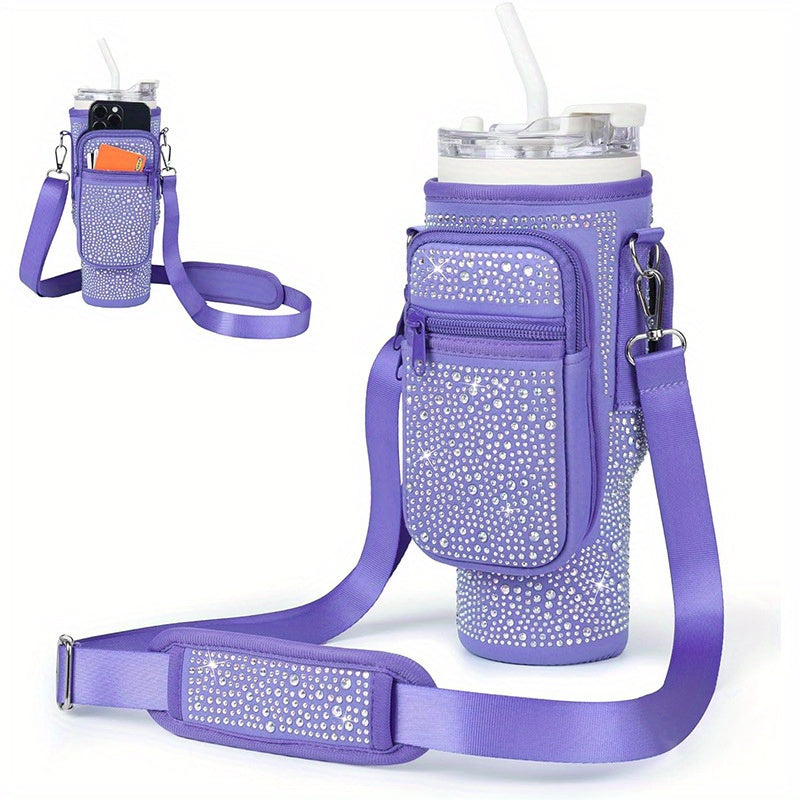 Neoprene Water Bottle Carrier with Card Holder, Adjustable Strap, Key Hook for Stanley 40/30 oz Tumbler - Sparkling Diamond Design Bottle Pouch with Phone Pocket - Versatile Drink Holder Accessory