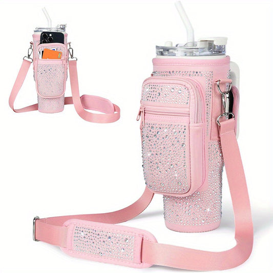 Neoprene Water Bottle Carrier with Card Holder, Adjustable Strap, Key Hook for Stanley 40/30 oz Tumbler - Sparkling Diamond Design Bottle Pouch with Phone Pocket - Versatile Drink Holder Accessory