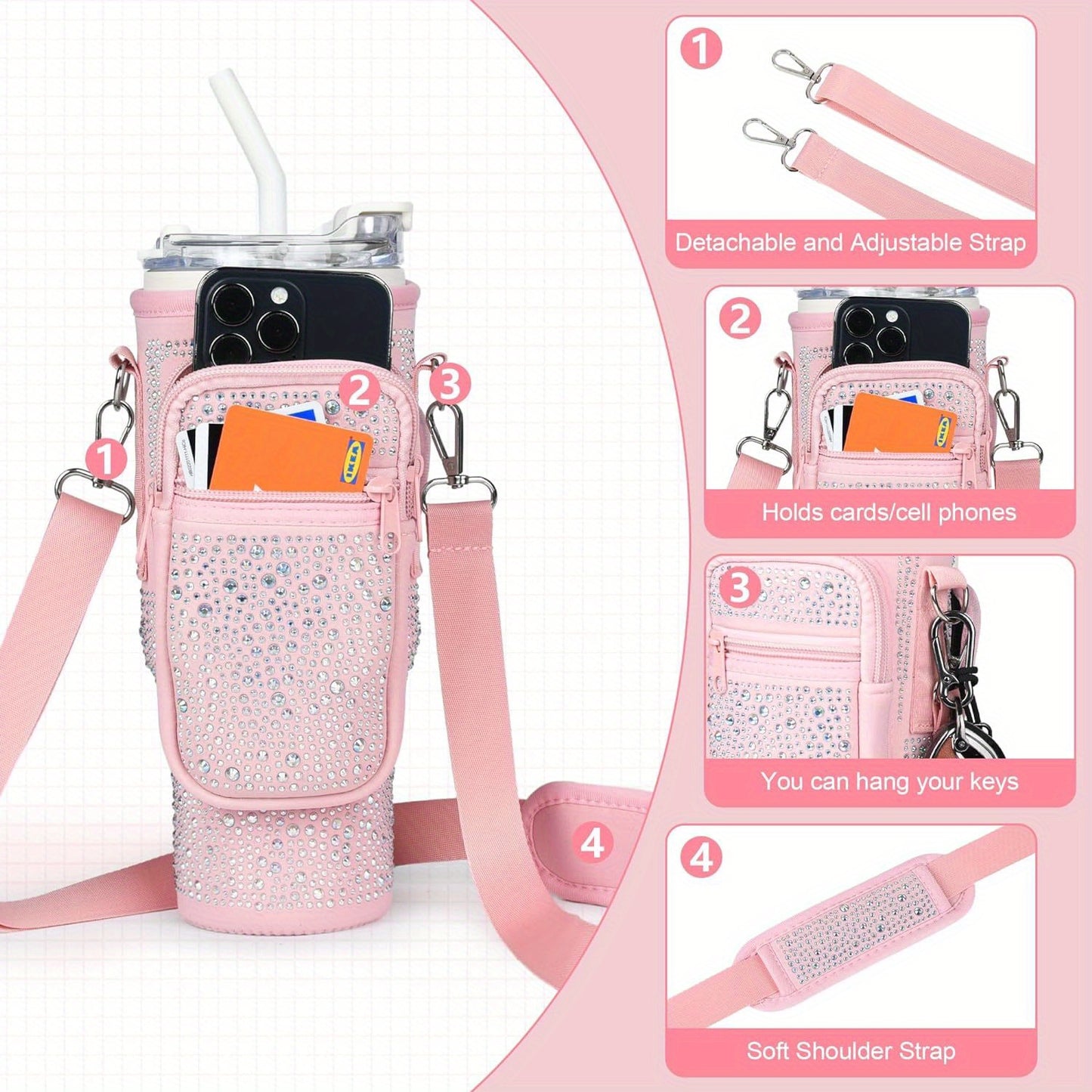 Neoprene Water Bottle Carrier with Card Holder, Adjustable Strap, Key Hook for Stanley 40/30 oz Tumbler - Sparkling Diamond Design Bottle Pouch with Phone Pocket - Versatile Drink Holder Accessory