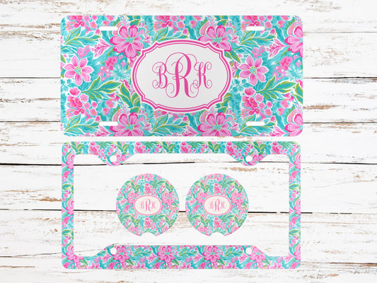 Personalized License Plate, Frame and Coaster - Hibiscus Flower Monogram