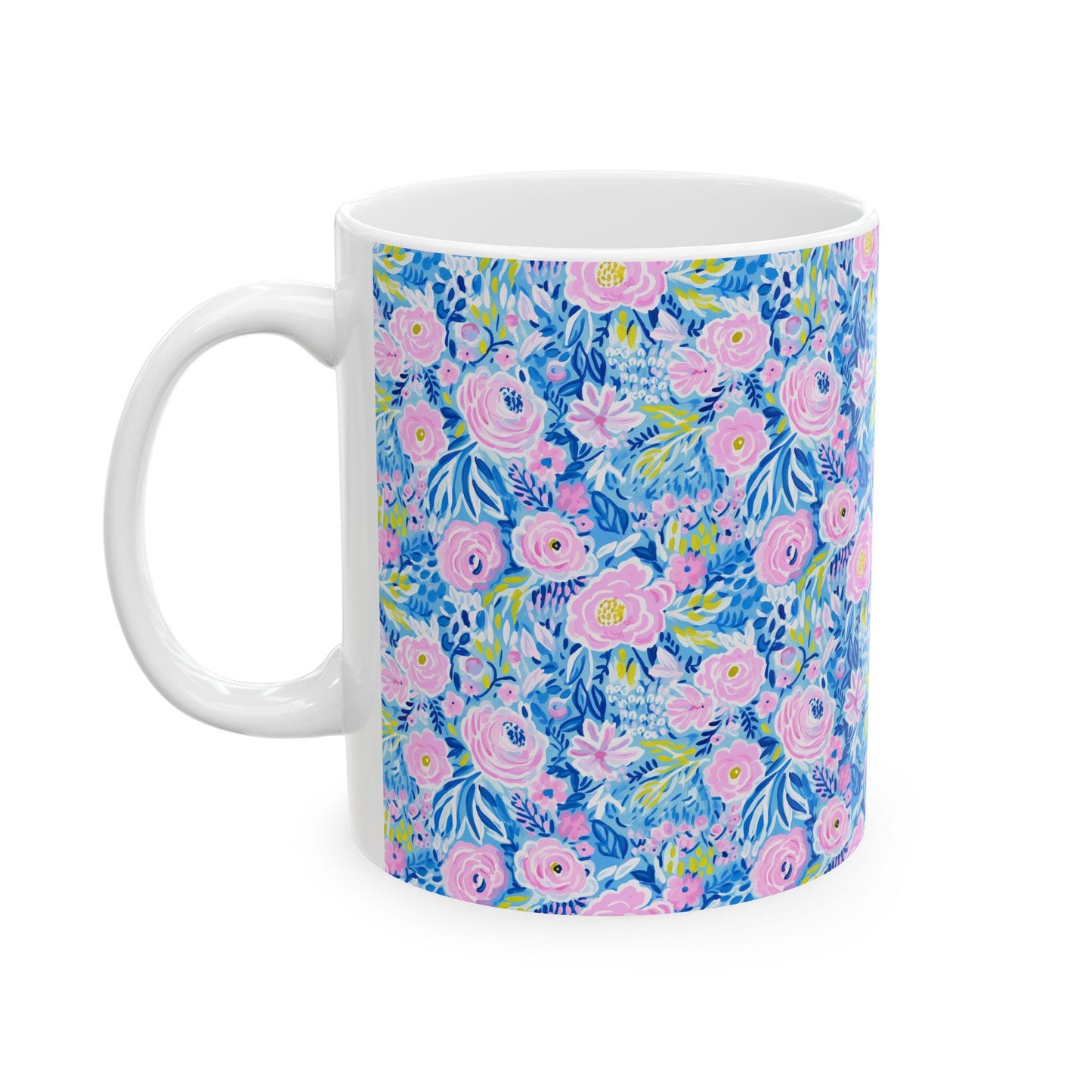 Coffee Mug, Blue and Pink Floral