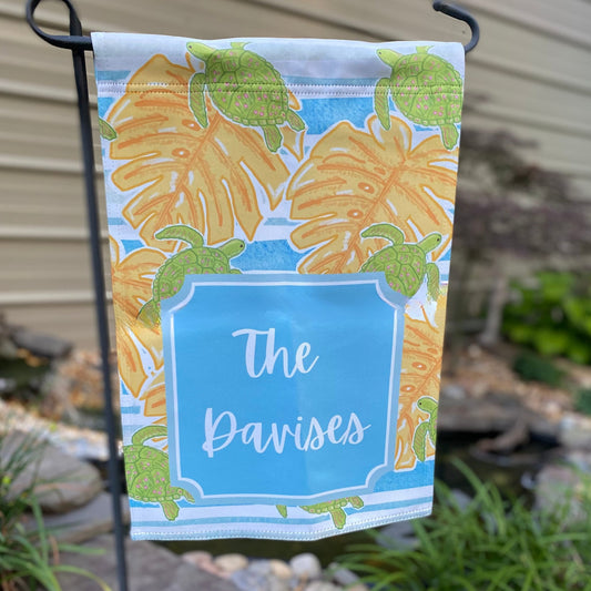 Personalized Welcome Blue Stripe Hibiscus and Sea Turtles Flags | Address and Name Flag | Personalized Name Flag |  Summer Outdoor Garden