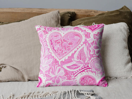 Custom Throw Pillow, Pink Paisley Hearts