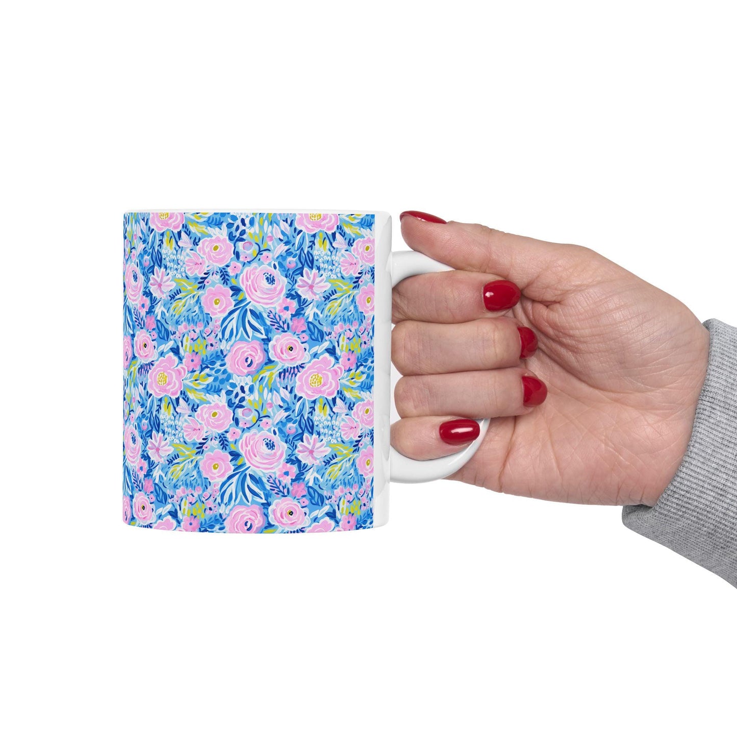 Coffee Mug, Blue and Pink Floral