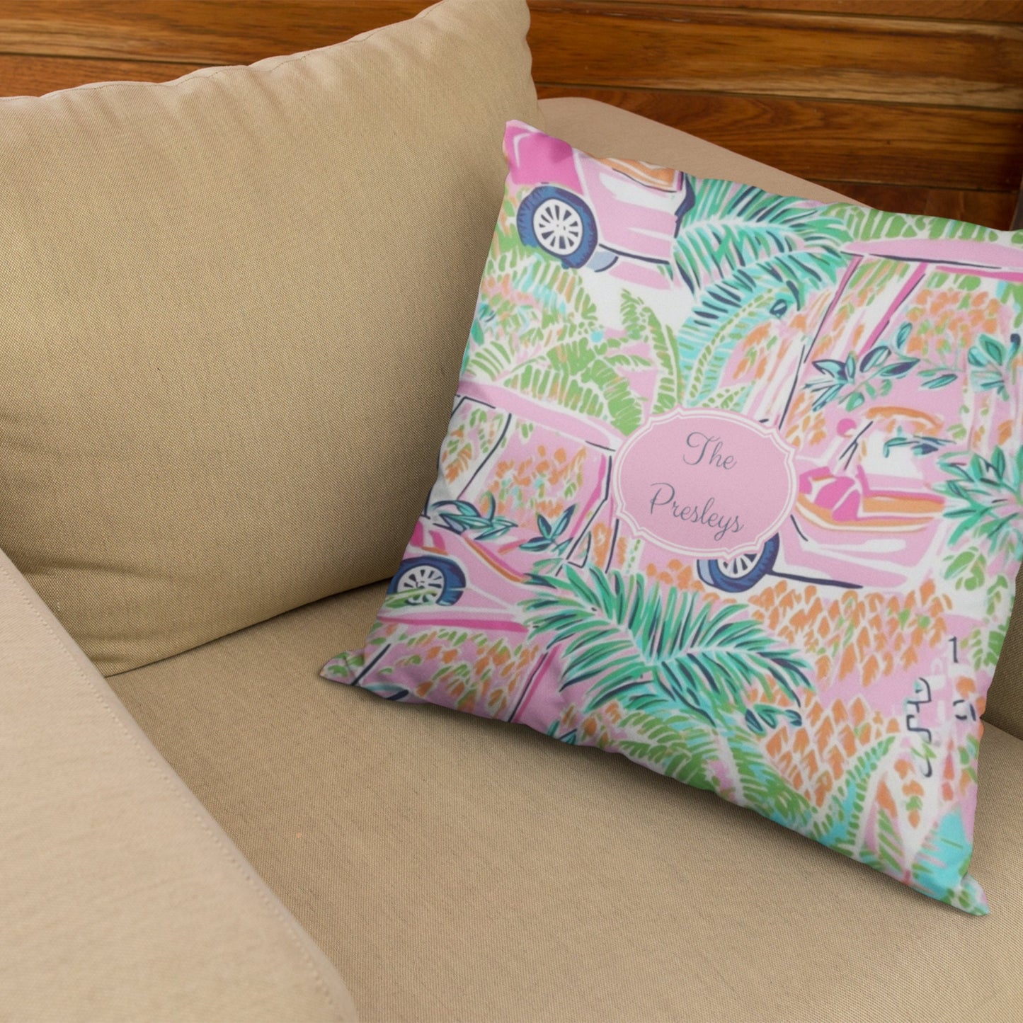 Custom Throw Pillow, Preppy Golf Cart
