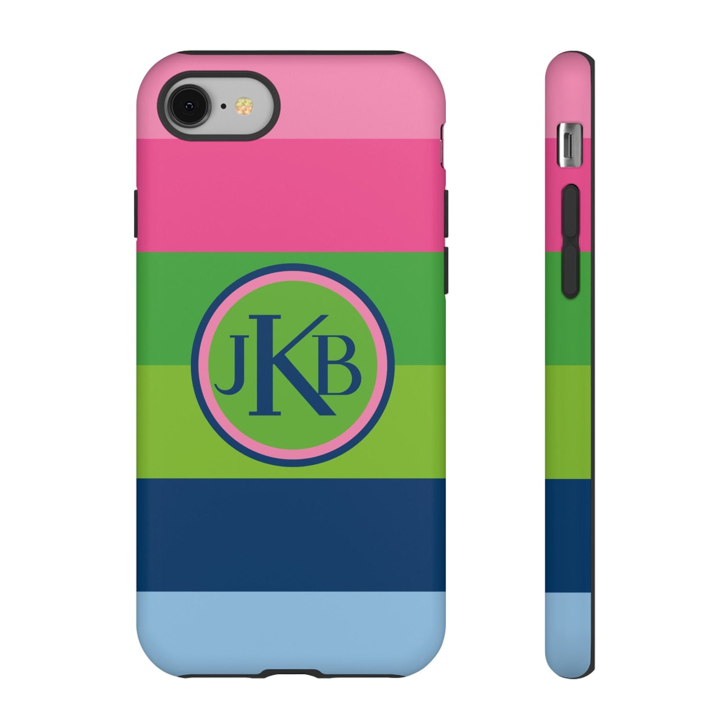 Custom Phone Case, Pink Blue and Green Stripe Monogram
