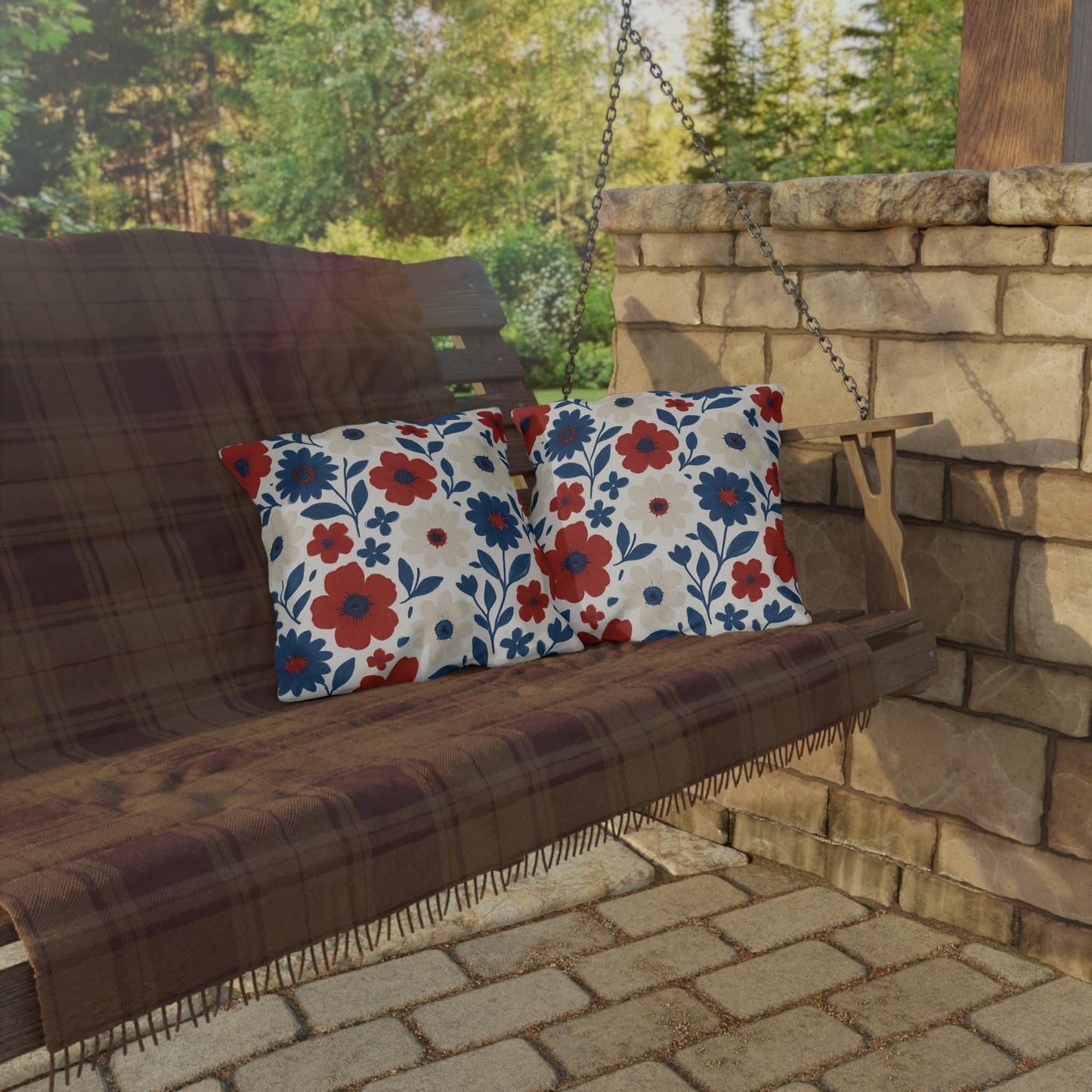 Custom Throw Pillow, Red White Blue Flowers
