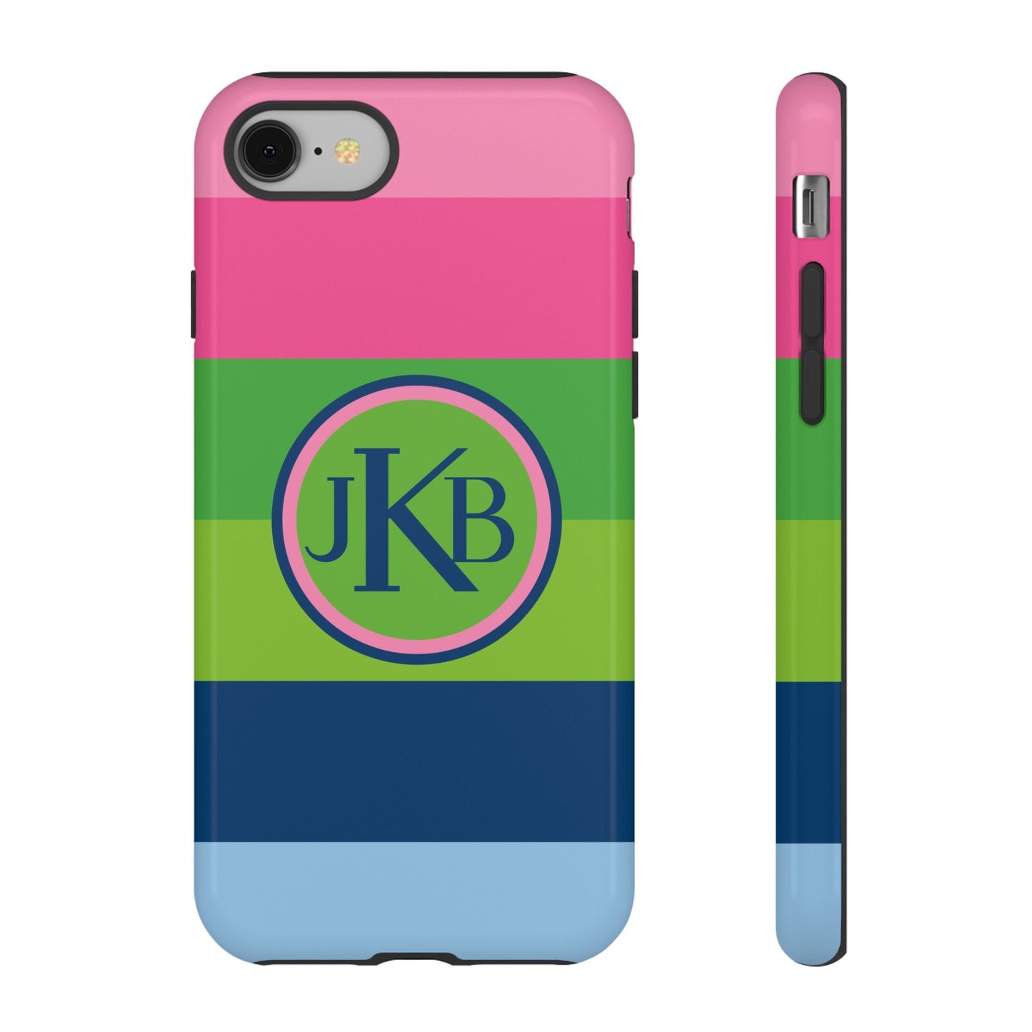 Custom Phone Case, Pink Blue and Green Stripe Monogram