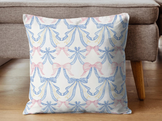 Custom Throw Pillow, Coquette Blue and Pink Bows