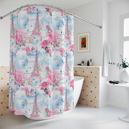 Custom Shower Curtain, Blue and Pink Eiffel Tower