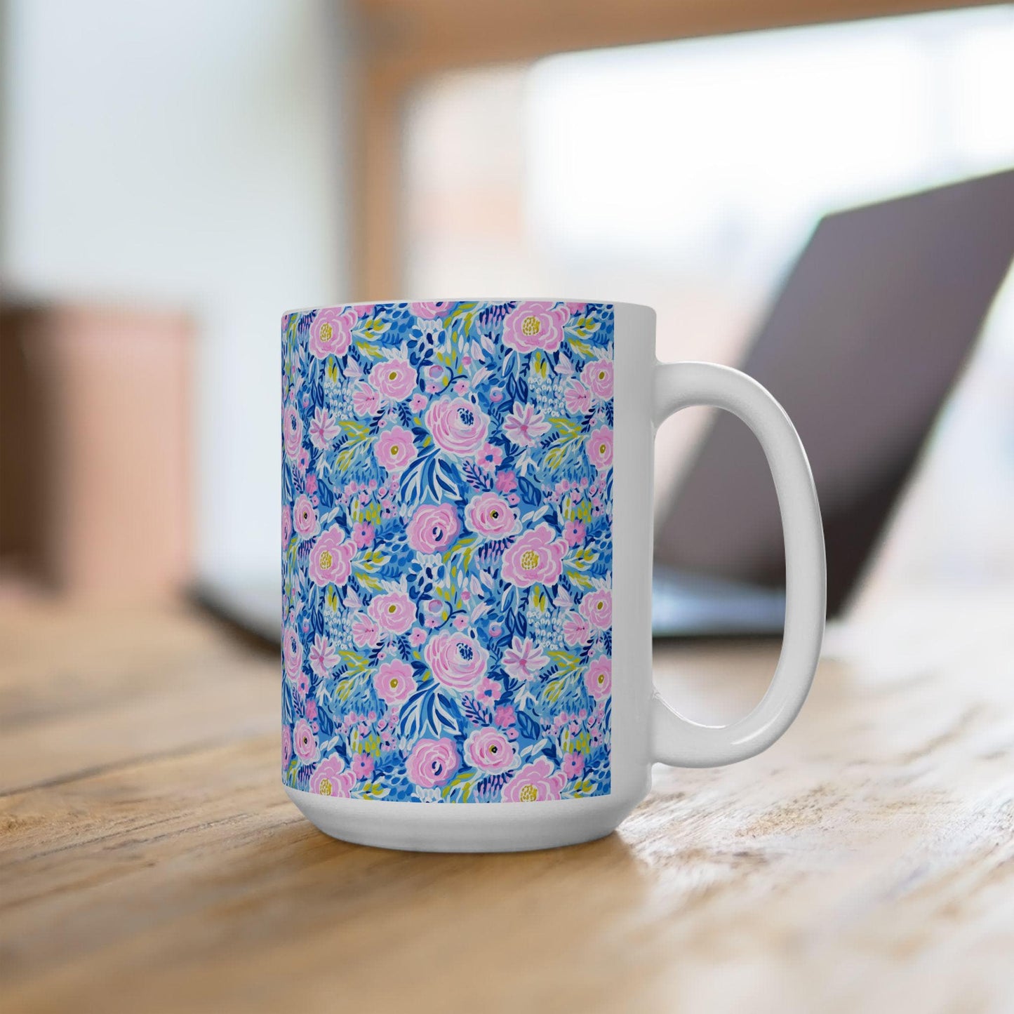 Coffee Mug, Blue and Pink Floral