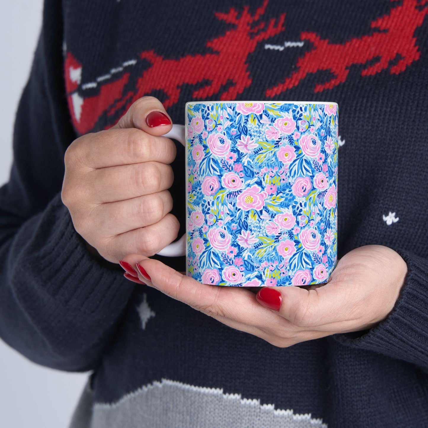 Coffee Mug, Blue and Pink Floral