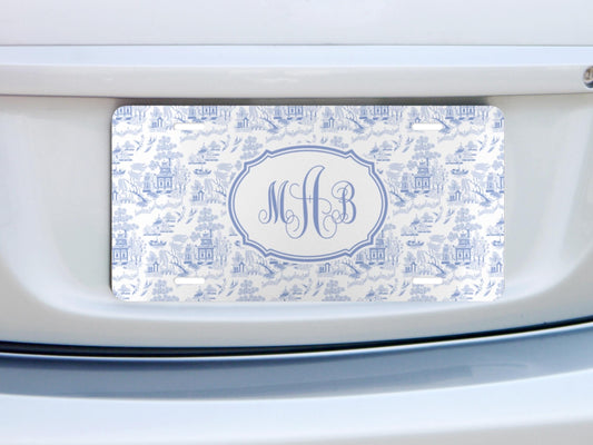 Personalized Car Tag, Blue French Toile Monogram