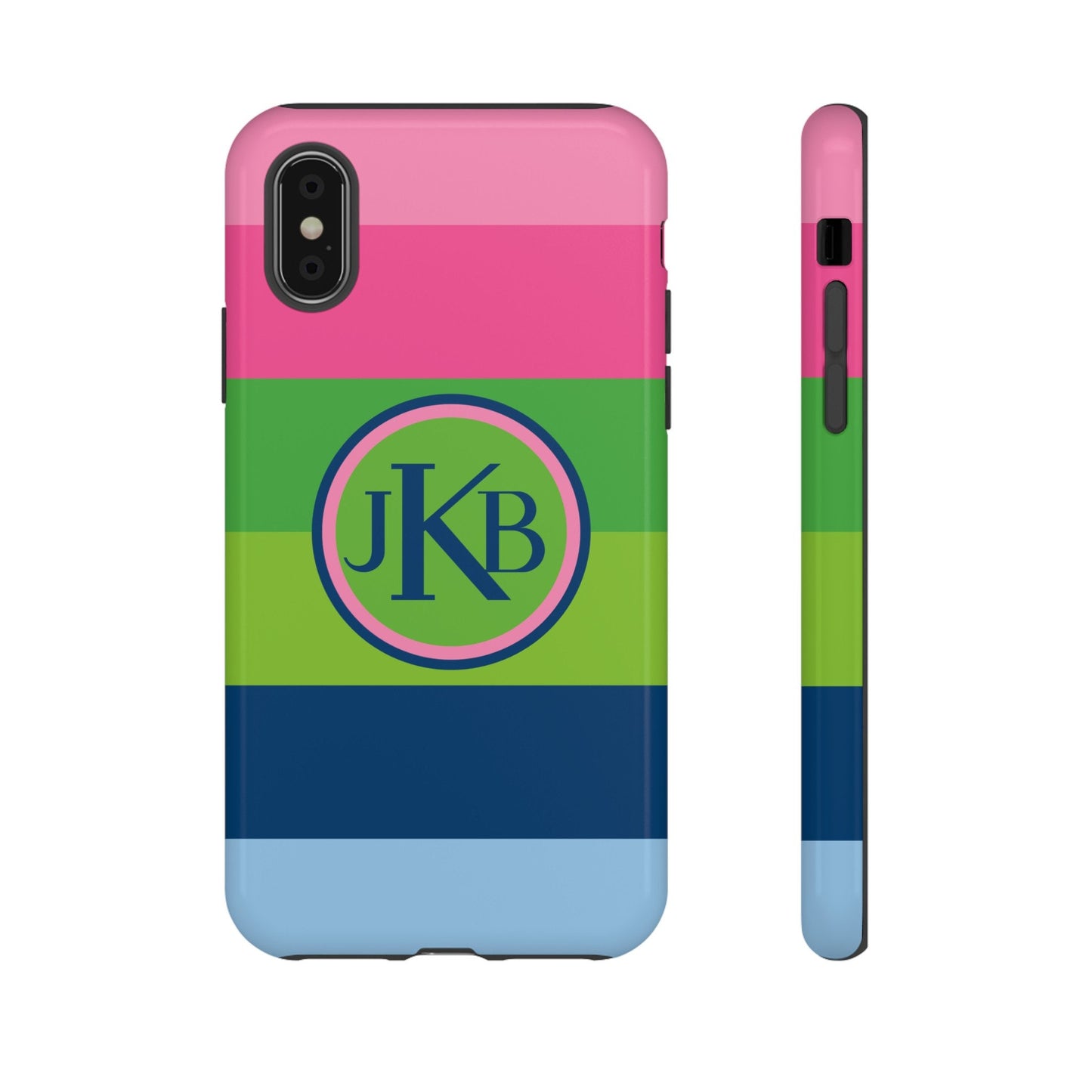 Custom Phone Case, Pink Blue and Green Stripe Monogram