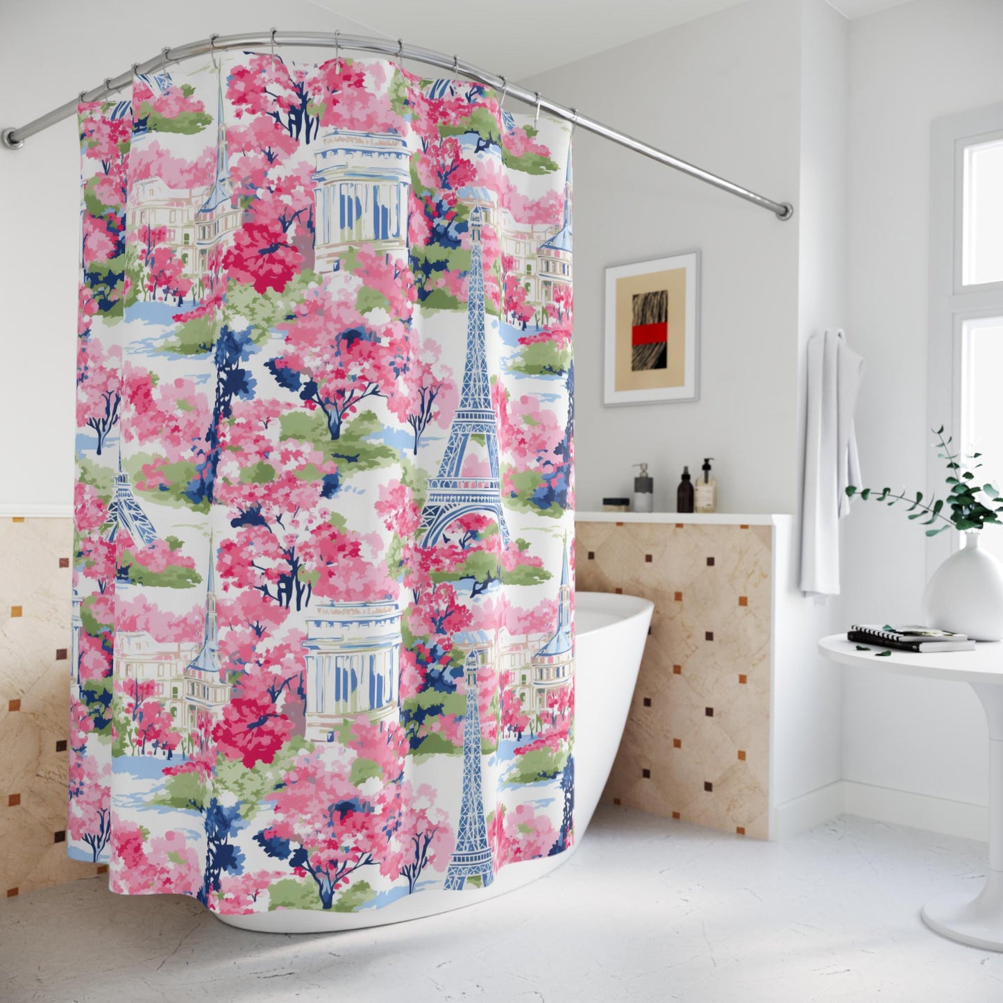 Custom Shower Curtain, Pink Florals Eiffel Tower