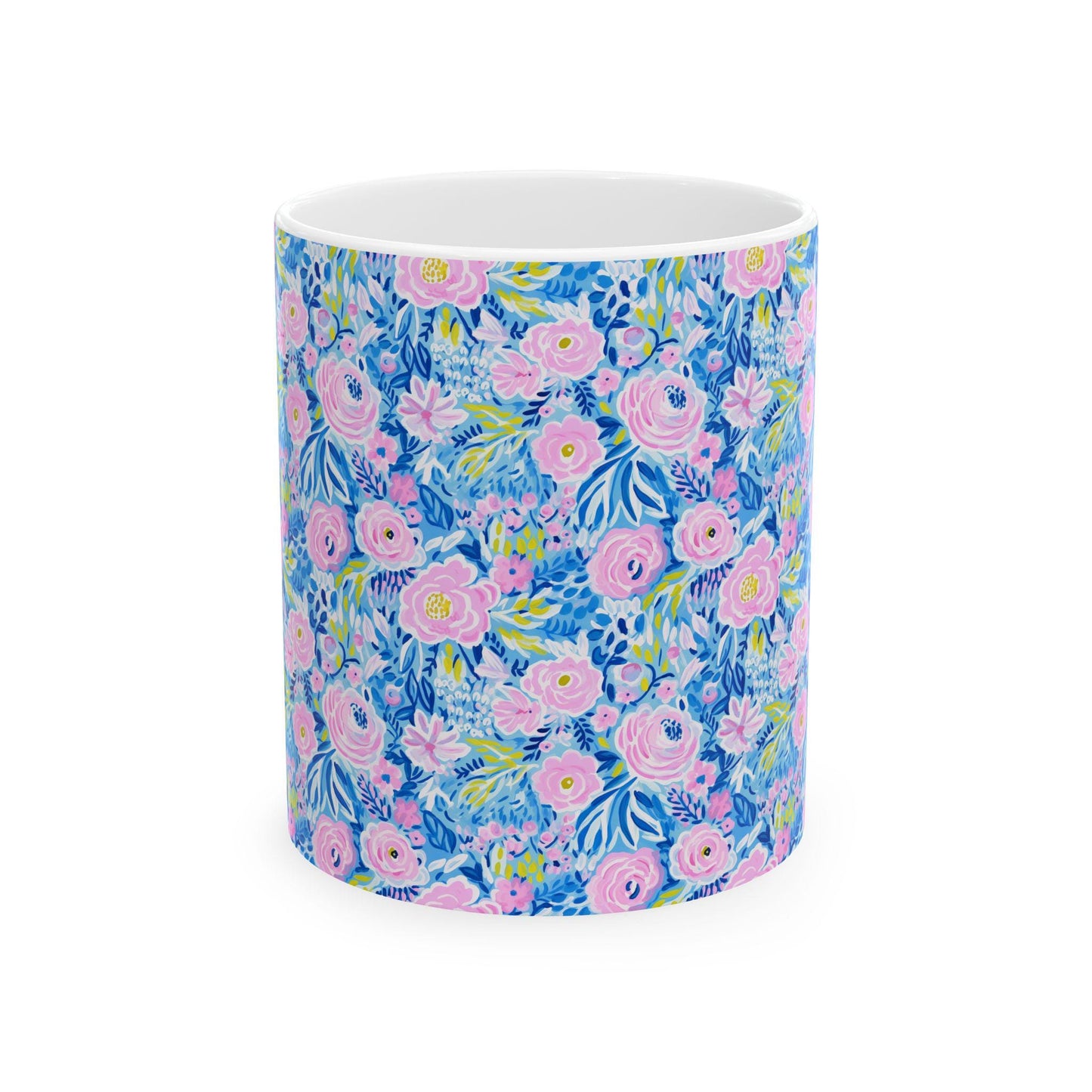 Coffee Mug, Blue and Pink Floral