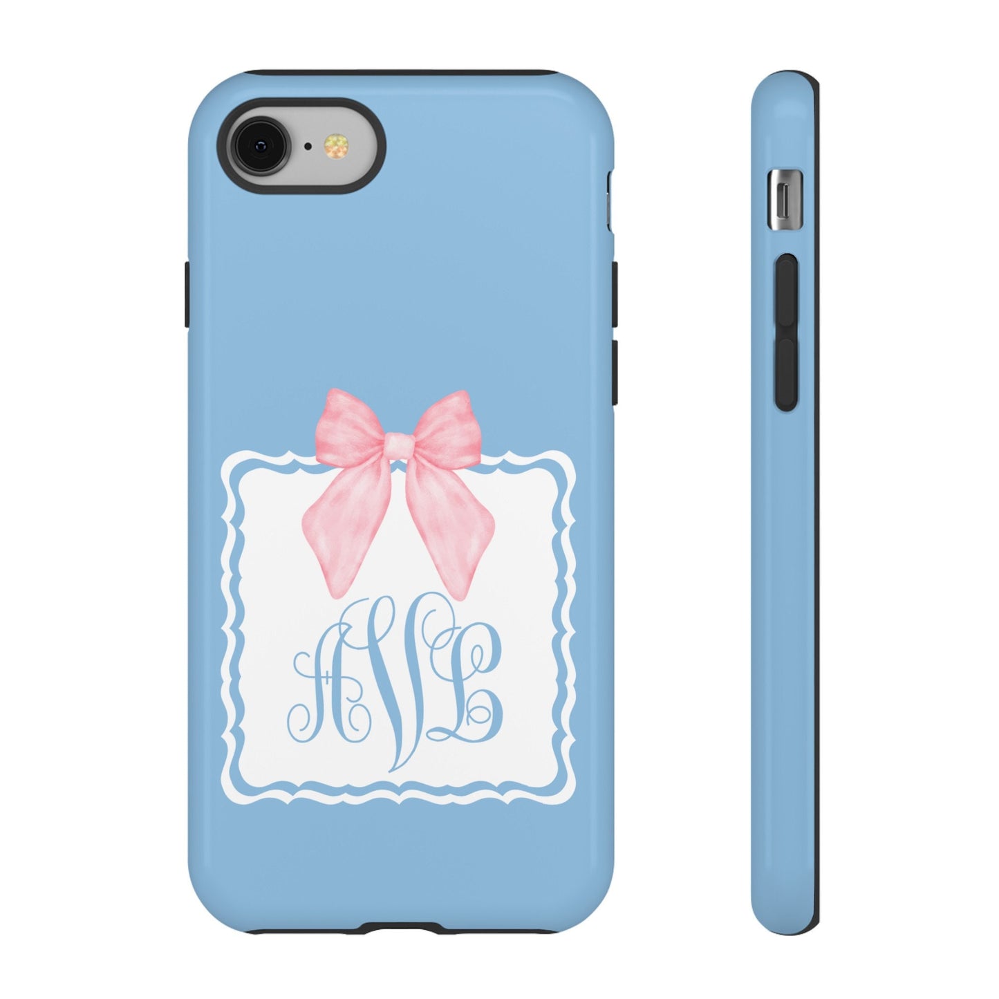 Custom Phone Case, Baby Blue with Pink Bow Monogram
