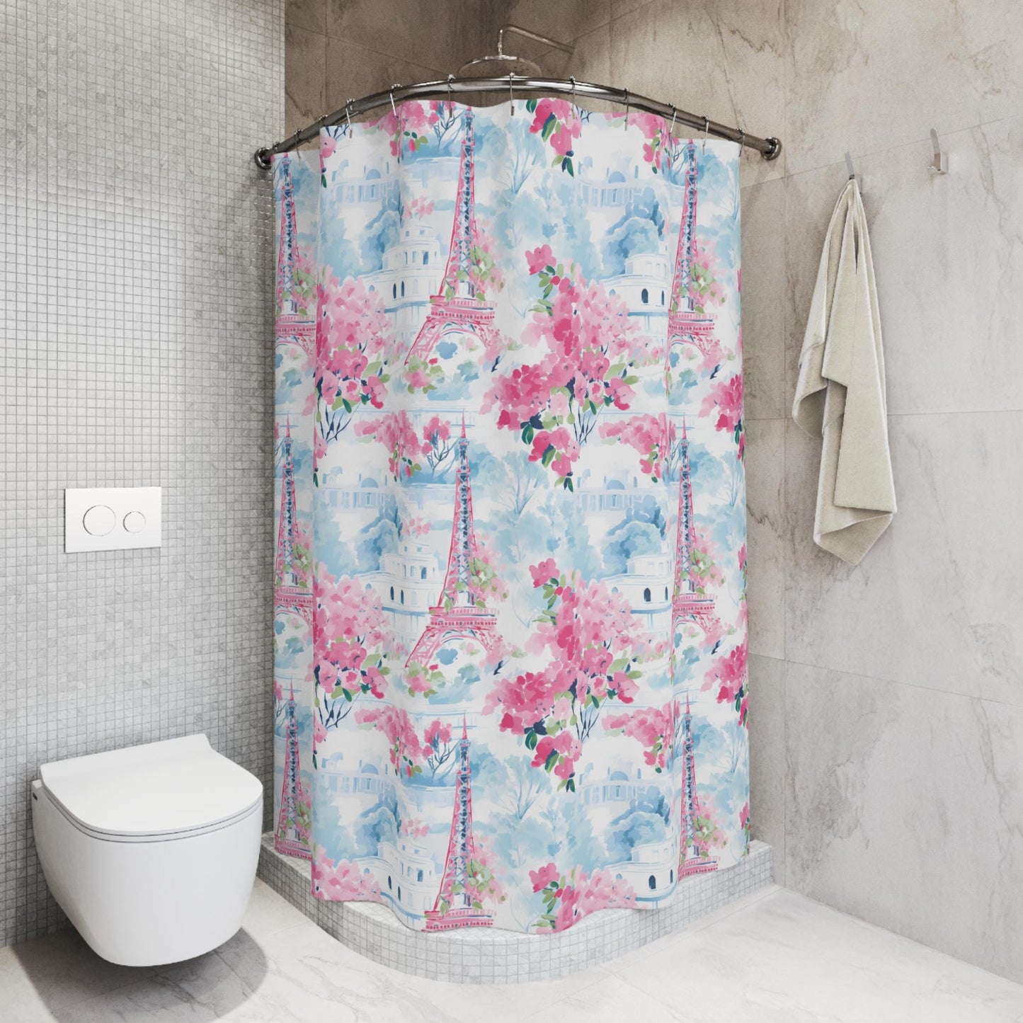 Custom Shower Curtain, Blue and Pink Eiffel Tower