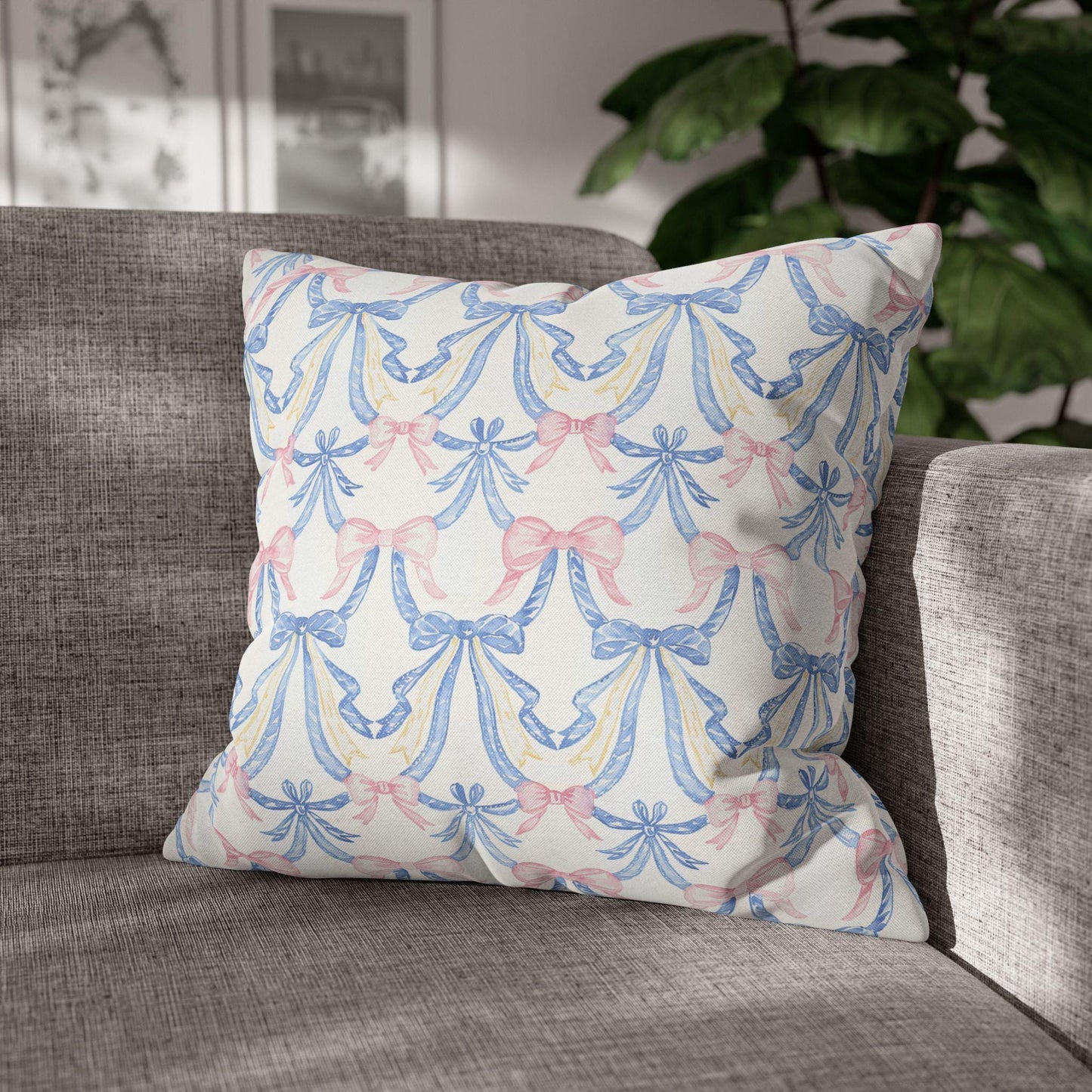 Custom Throw Pillow, Coquette Blue and Pink Bows