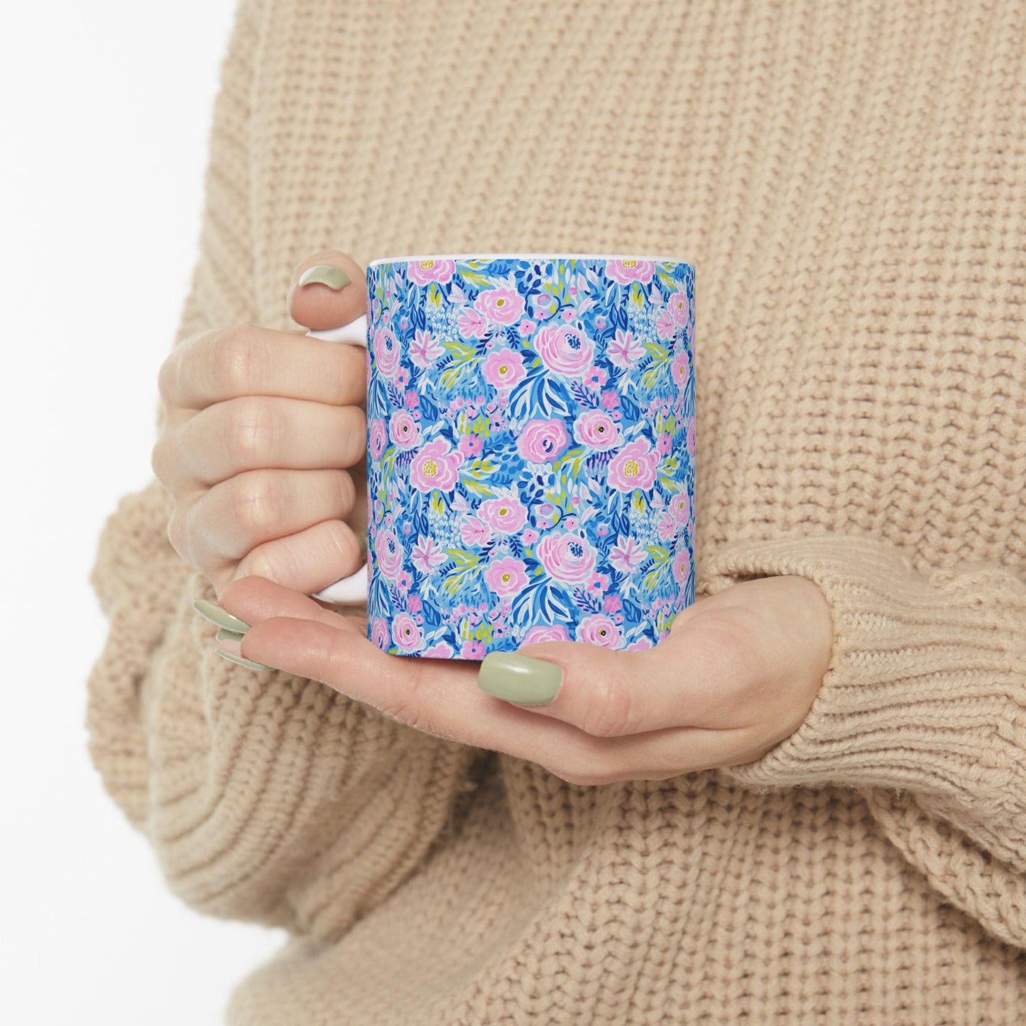 Coffee Mug, Blue and Pink Floral