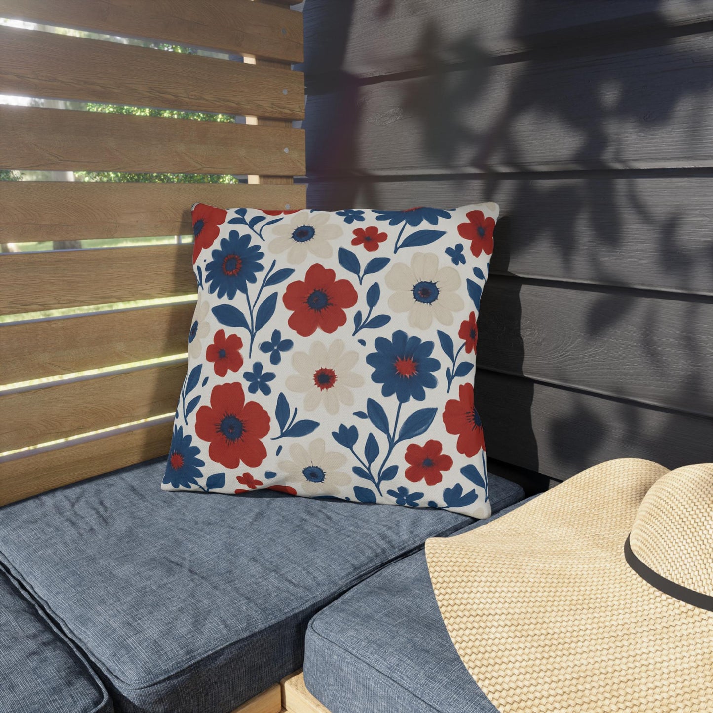 Custom Throw Pillow, Red White Blue Flowers