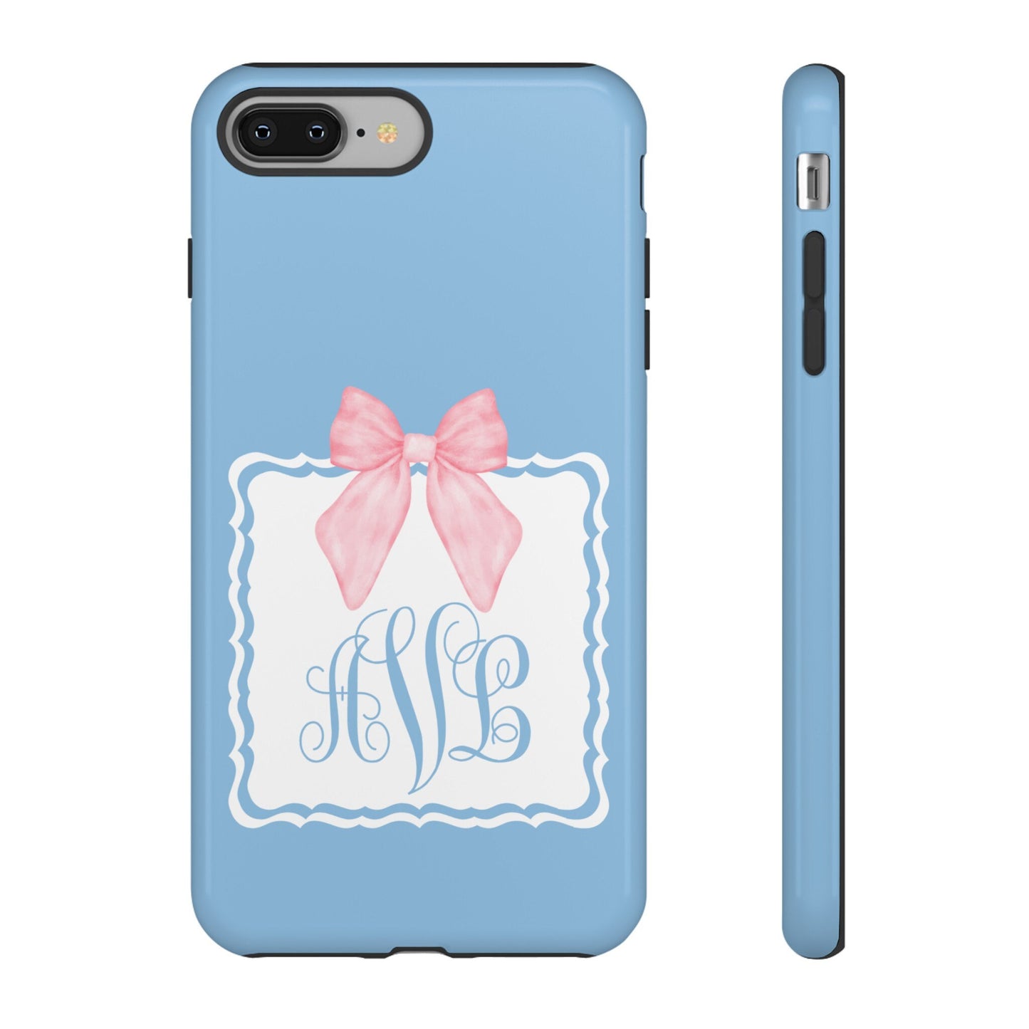Custom Phone Case, Baby Blue with Pink Bow Monogram