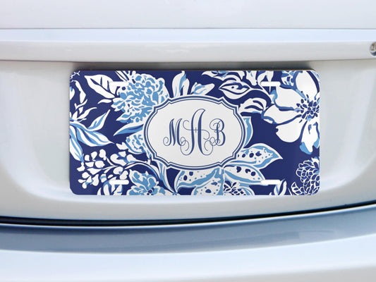 Personalized Car Tag, Coastal Blue and White Floral Monogram