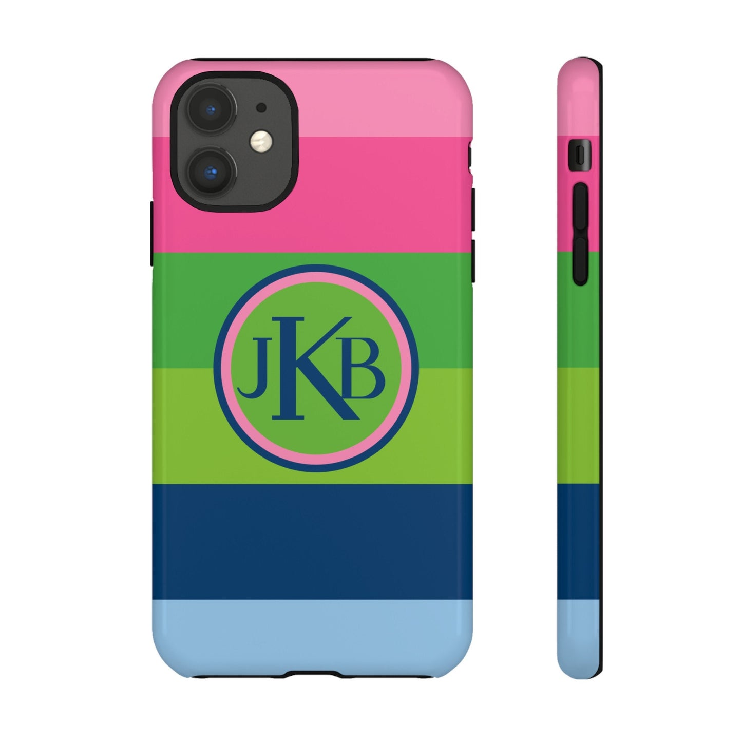 Custom Phone Case, Pink Blue and Green Stripe Monogram
