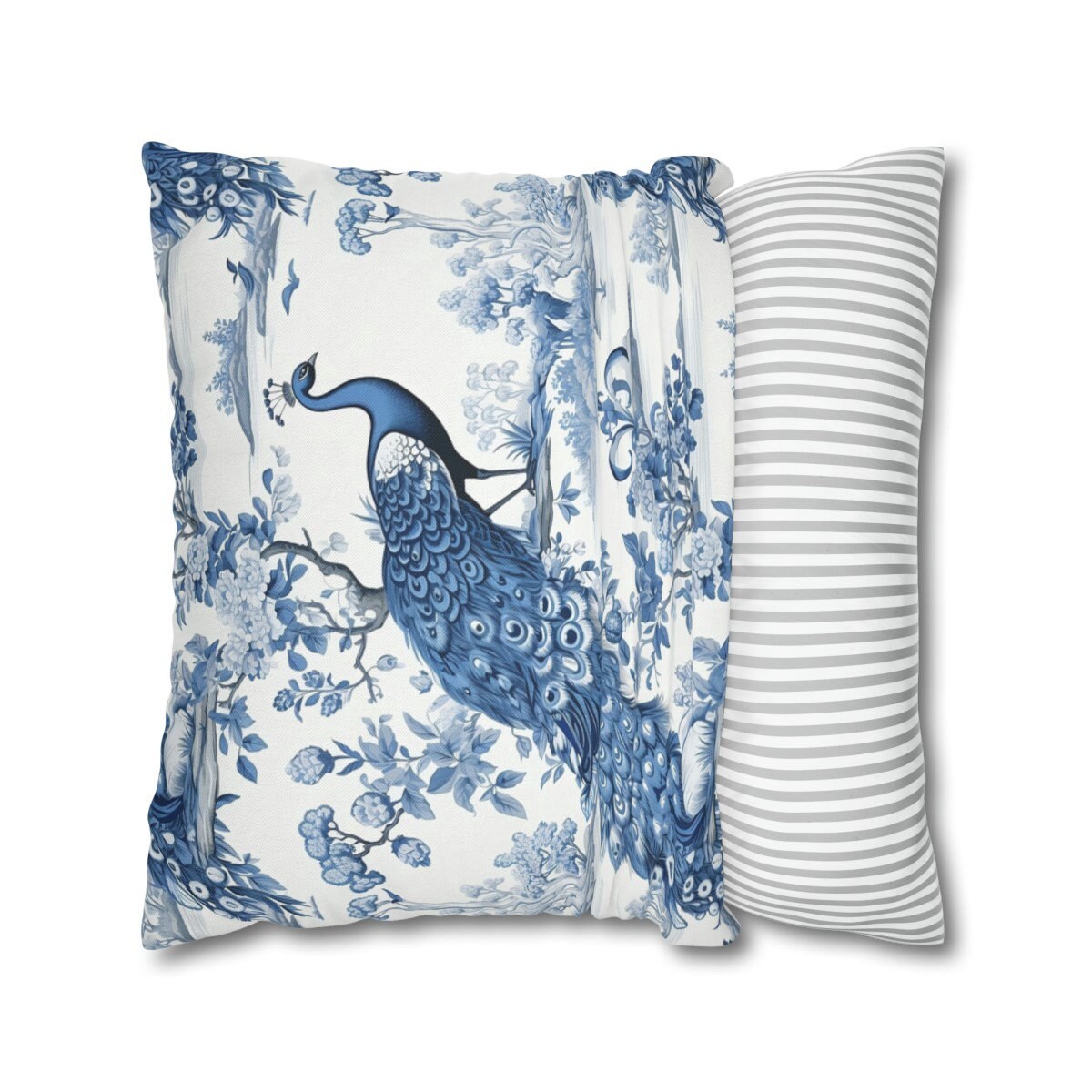 Custom Throw Pillow, French Toile Blue Peacock