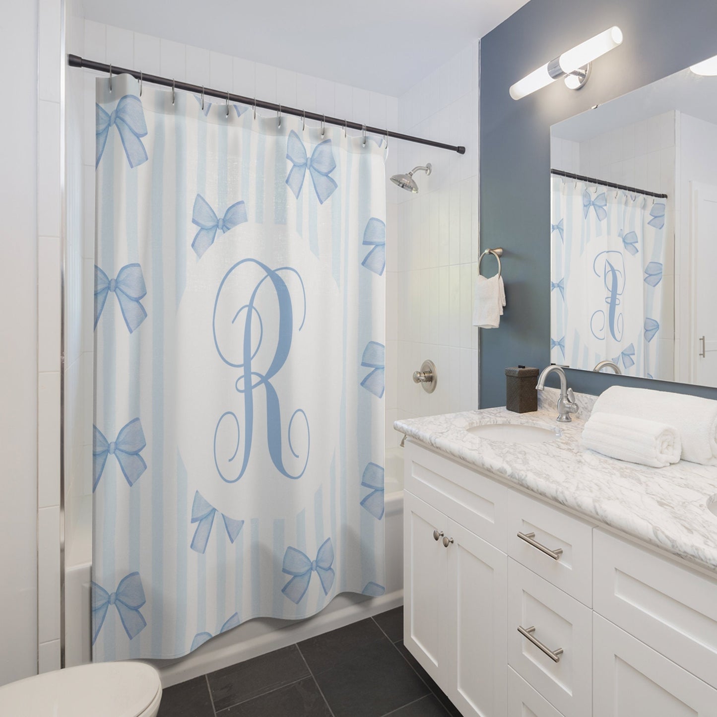 Custom Shower Curtain, Blue Bows Monogram