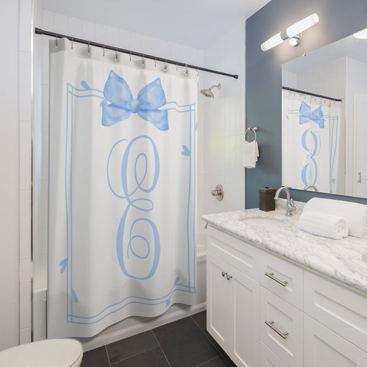 Custom Shower Curtain, Blue Bow Monogram