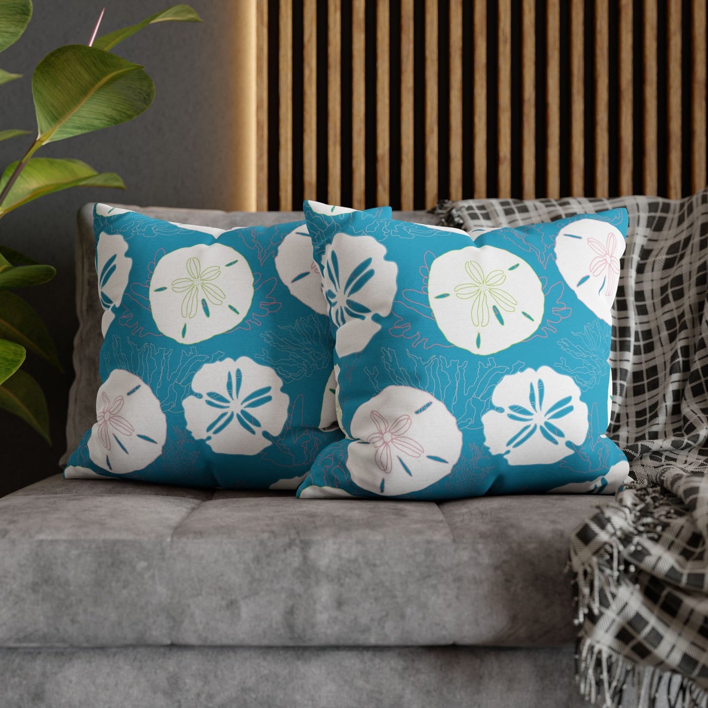 Custom Throw Pillow, Turquoise with Sand Dollars