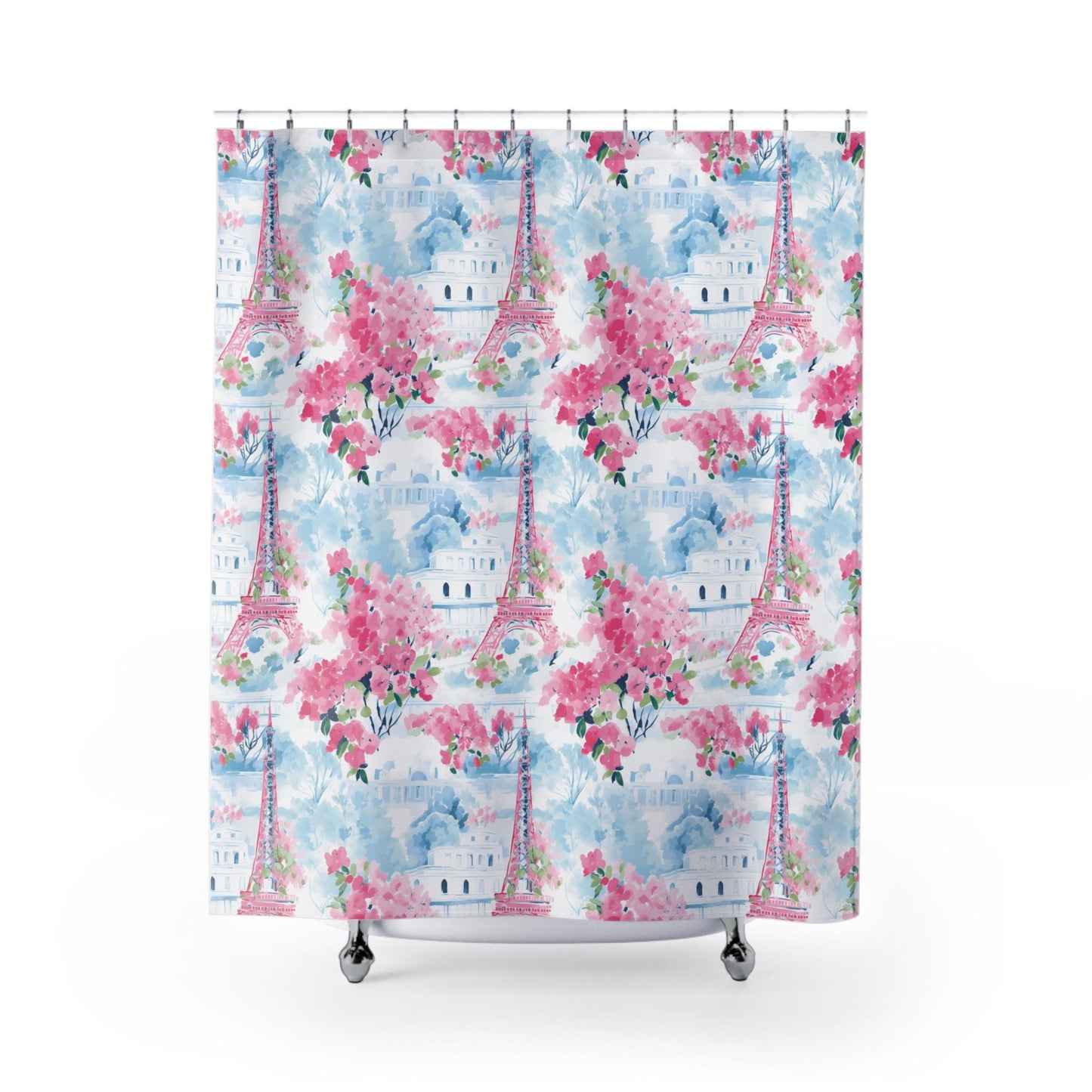 Custom Shower Curtain, Blue and Pink Eiffel Tower