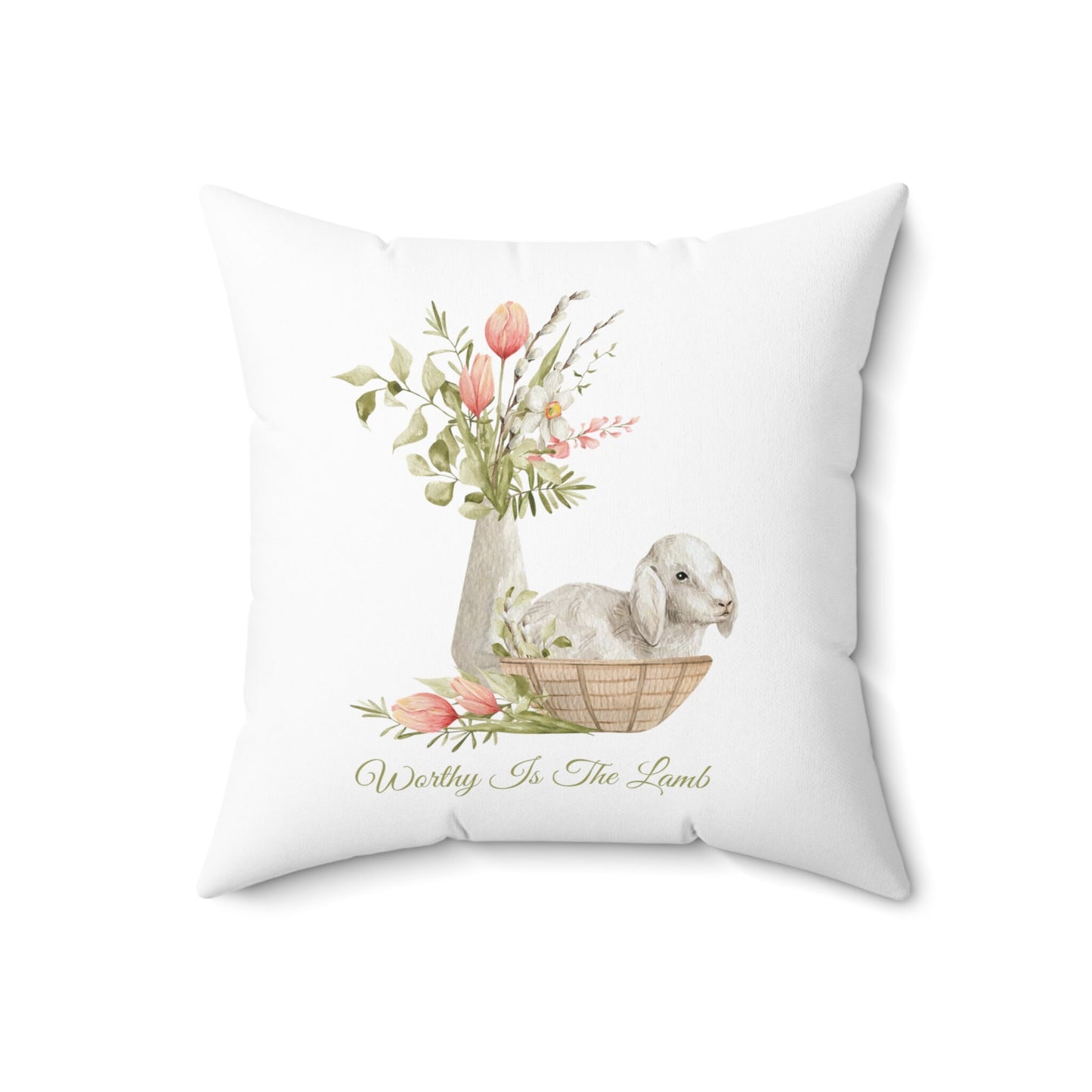 Custom Throw Pillow, Flower Vase and Bunny
