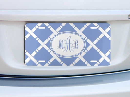 Personalized Car Tag, Blue and White Lattice