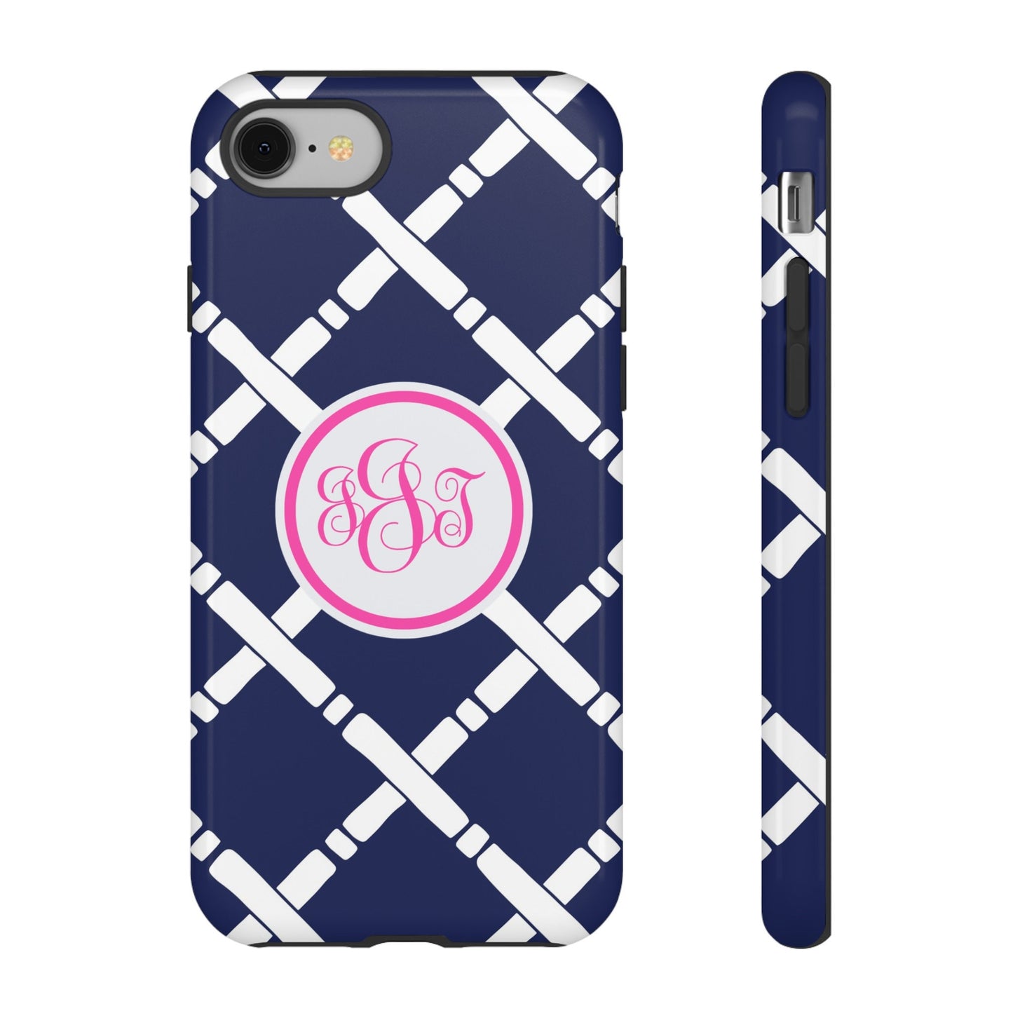 Custom Phone Case, Navy and White Lattice Monogram