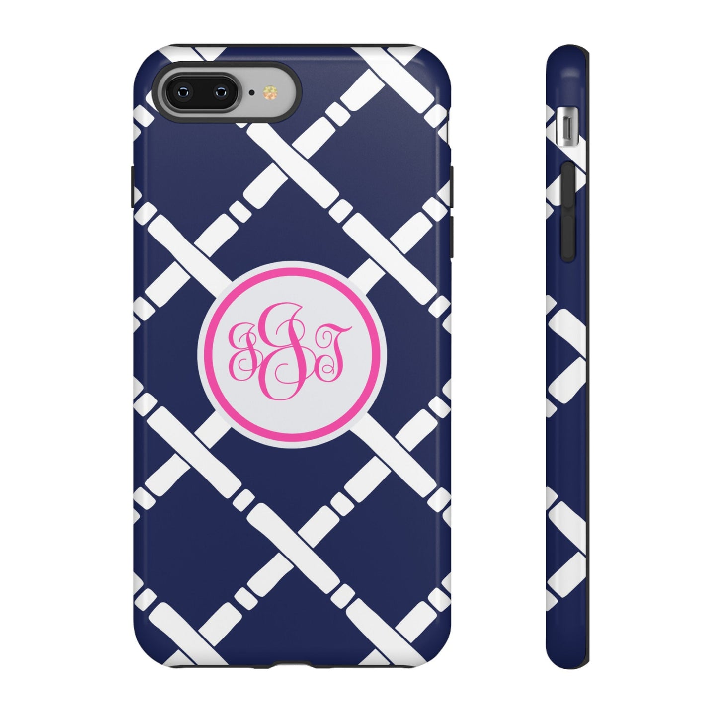 Custom Phone Case, Navy and White Lattice Monogram