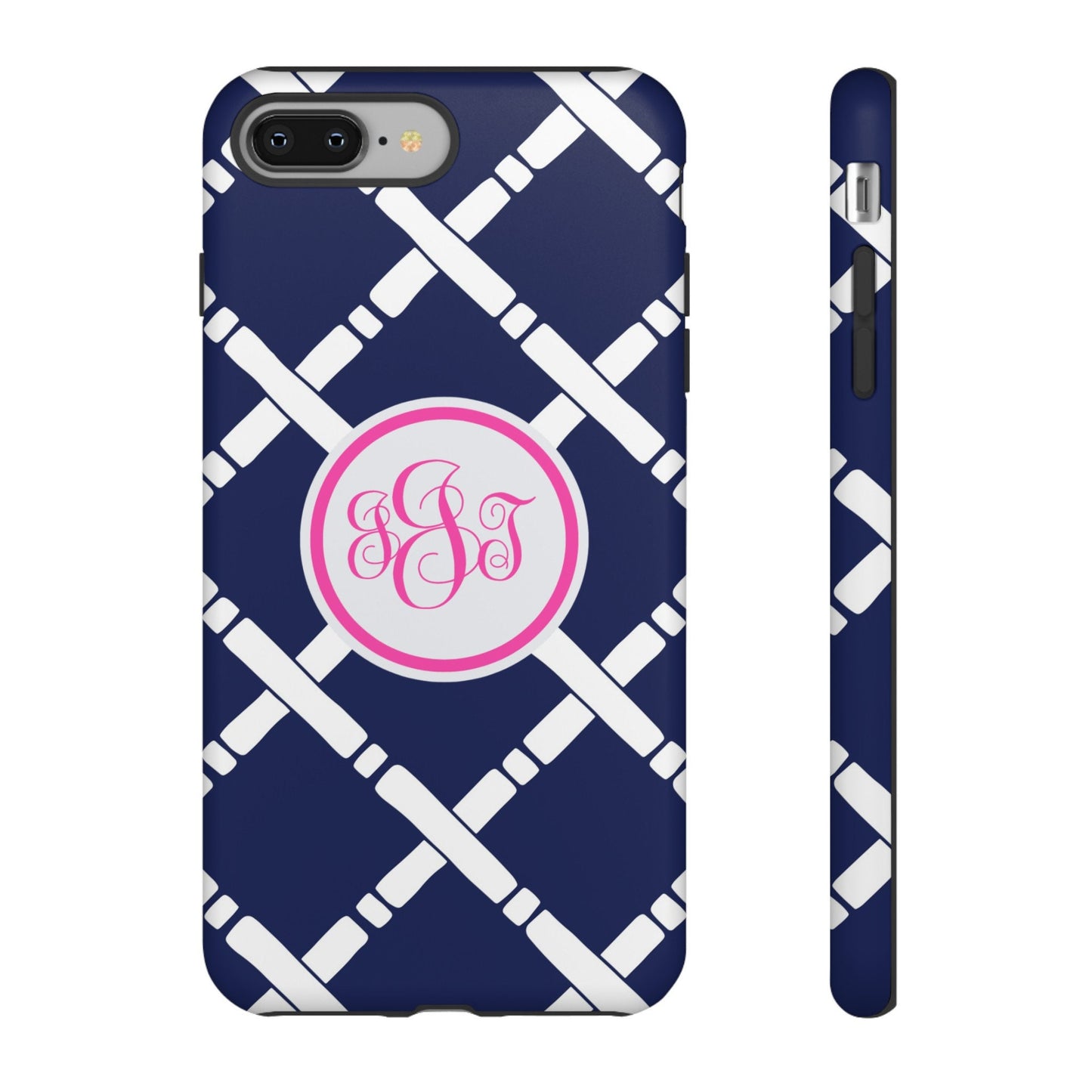 Custom Phone Case, Navy and White Lattice Monogram