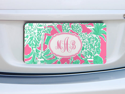 Personalized Car Tag, Tropical Pink and Green Monogram