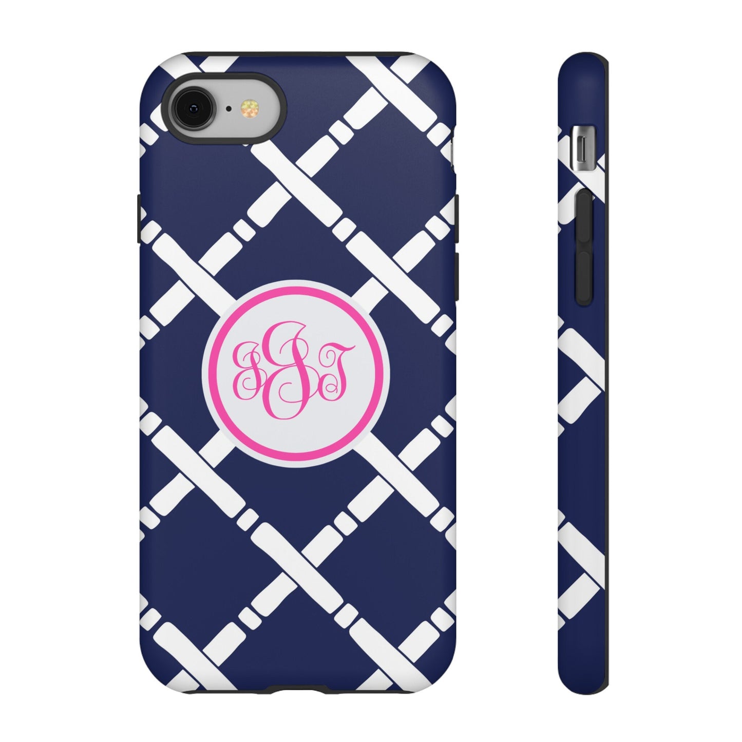 Custom Phone Case, Navy and White Lattice Monogram