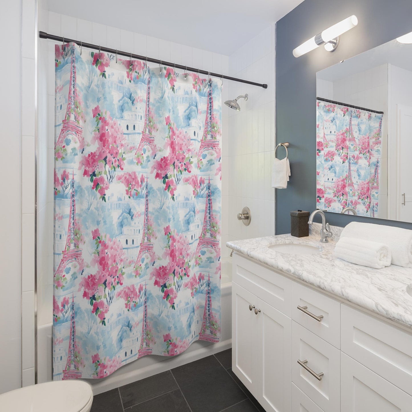Custom Shower Curtain, Blue and Pink Eiffel Tower